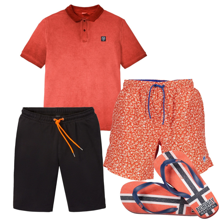 Outfit uomo - Vivace. Stile Casual per Mare. Abbinamento con bermuda, polo, sandali, costumi.