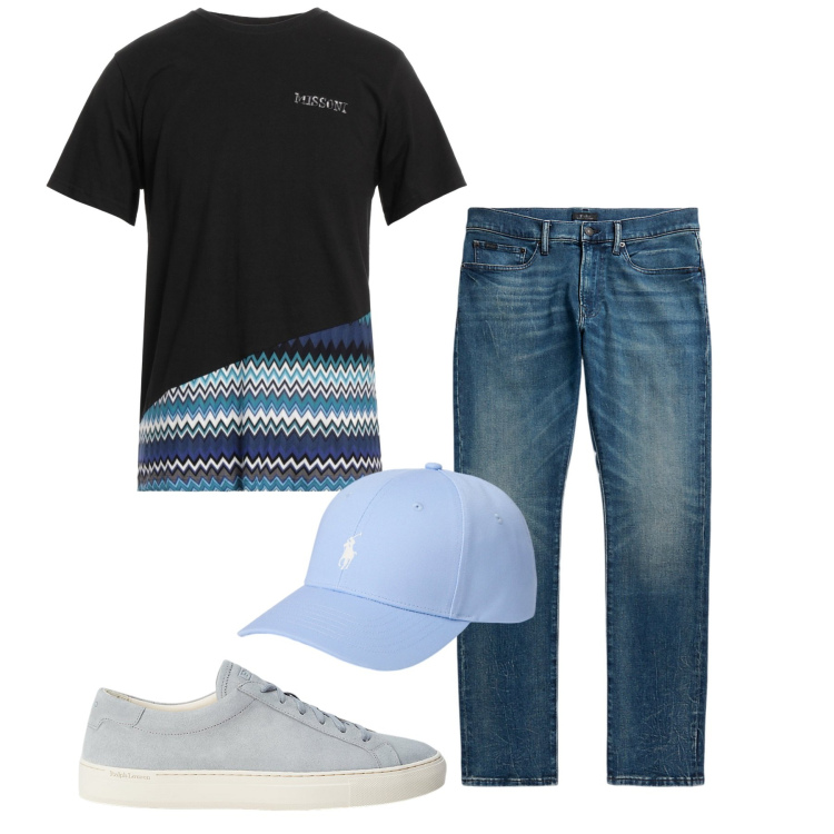 Outfit uomo - In cappello azzurro cielo. Stile Casual per Tutti i giorni. Abbinamento con t-shirt, cappelli, jeans, sneakers.
