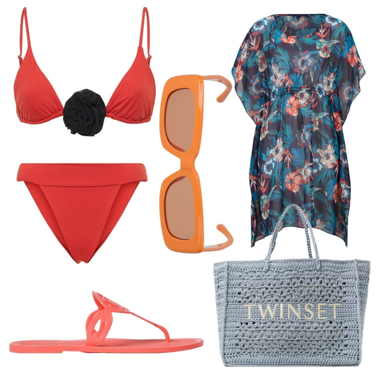 Outfit donna - Il bikini colorato per le vacanze. Stile Casual chic per Mare. Abbinamento con vestiti da spiaggia, borse tote, ciabatte, occhiali da sole, bikini, bikini.