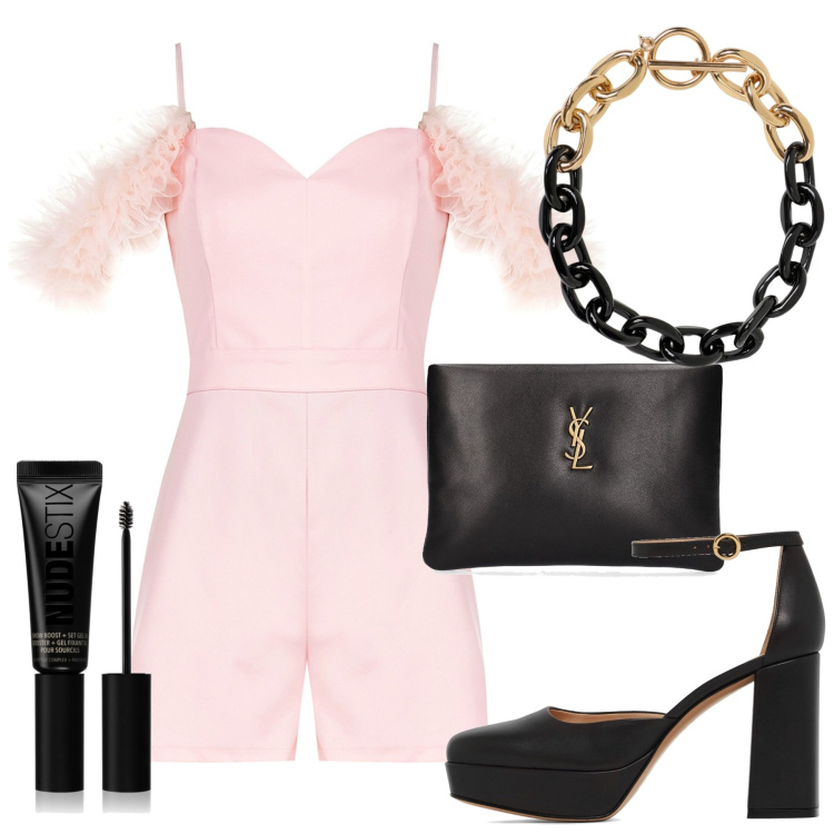 Outfit donna - Tulle. Stile Vintage retrò per Serata fuori. Abbinamento con mascara, tuta corta, pochette, collane, décolleté.