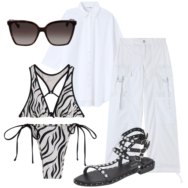 Outfit donna - Bianco e zebrato verso la spiaggia. Stile Trendy per Mare. Abbinamento con pantaloni cargo, sandali, camicie, bikini, bikini, occhiali da sole.