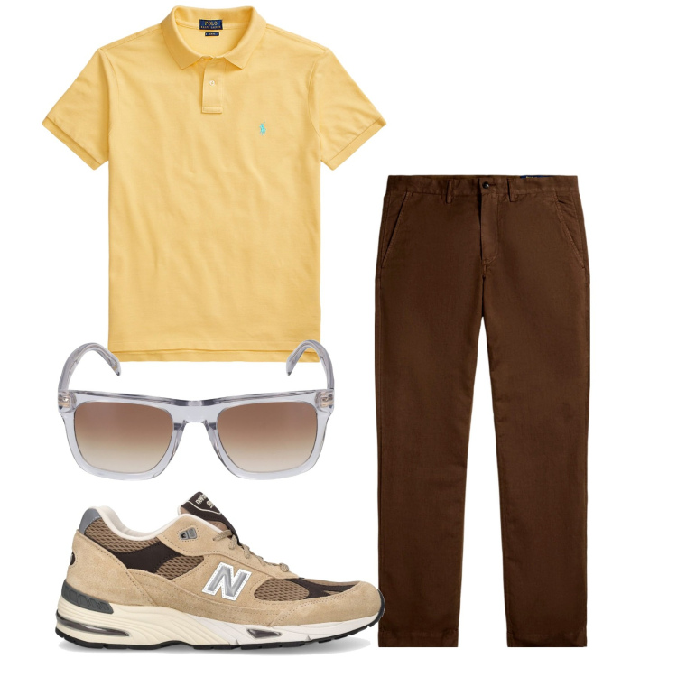 Outfit uomo - Crema e cioccolato. Stile Casual per Tutti i giorni. Abbinamento con polo, pantaloni, occhiali da sole, sneakers.