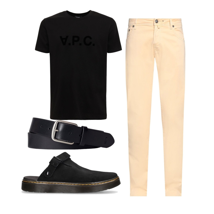 Outfit uomo - Una certa eleganza. Stile Urban per Tutti i giorni. Abbinamento con pantaloni, cinture, t-shirt, pantofole.