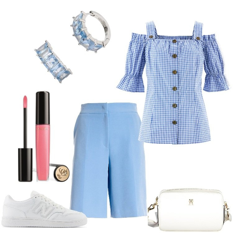 Outfit donna - Che vinca il migliore. Stile Basic per Tutti i giorni. Abbinamento con camicie a manica corta, gloss, orecchini, sneakers, bermuda, borse a tracolla.