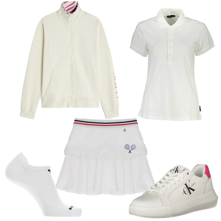 Outfit donna - Wimbledon. Stile Sporty chic per Sport. Abbinamento con calzini, felpe sportive, minigonne, polo, scarpe sportive.