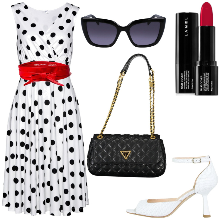 Outfit donna - L\'abito a pois. Stile Bon Ton per Cerimonia. Abbinamento con vestiti, rossetti, cinture, décolleté, occhiali da sole, borse a spalla.