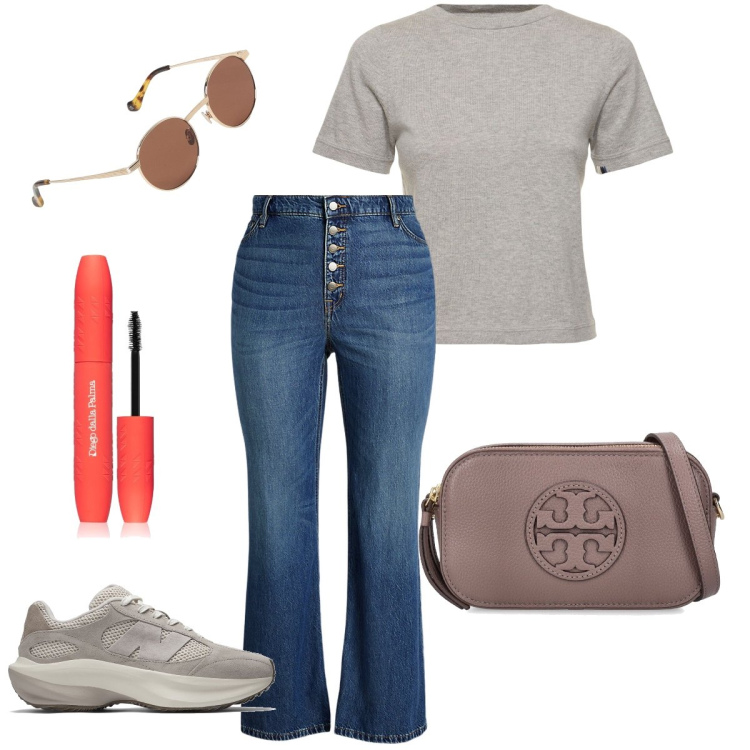 Outfit donna - La t-shirt grigia. Stile Casual per Tutti i giorni. Abbinamento con mascara, sneakers, jeans, borse a spalla, occhiali da sole, t-shirt.