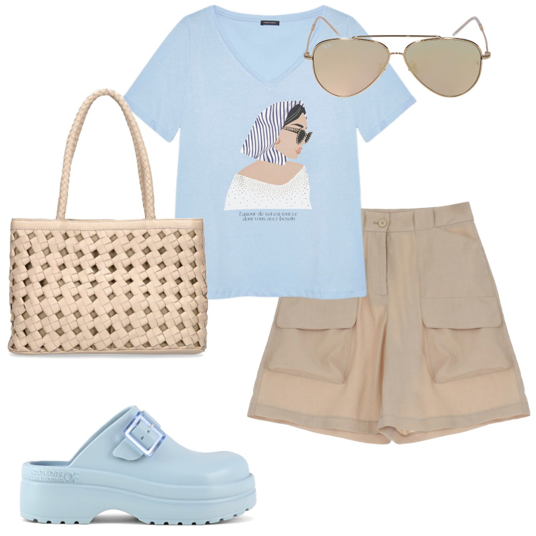 Outfit donna - In città. Stile Casual per Tutti i giorni. Abbinamento con bermuda, zoccoli, borse a spalla, occhiali da sole, t-shirt.