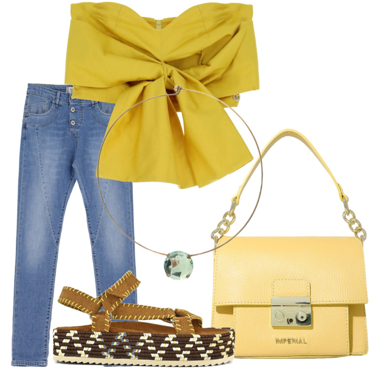 Outfit donna - Il Top a fiocco. Stile Sporty chic per Tutti i giorni. Abbinamento con top, jeans, pochette, ciondoli, sandali.