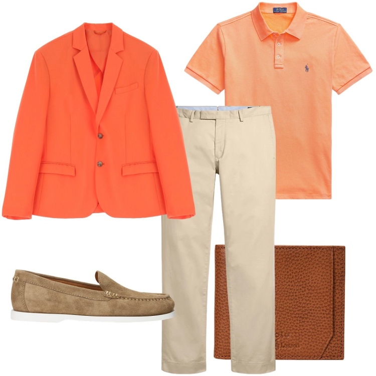 Outfit uomo - Il blazer arancione. Stile Business/Elegante per Serata speciale. Abbinamento con giacche, pantaloni chino, portafogli, scarpe stringate, polo.