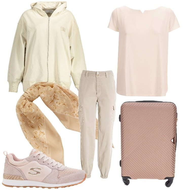 Outfit donna - Buon viaggio. Stile Basic per Tutti i giorni. Abbinamento con sneakers, pantaloni cargo, foulard, valigie, felpe con cappuccio, t-shirt.