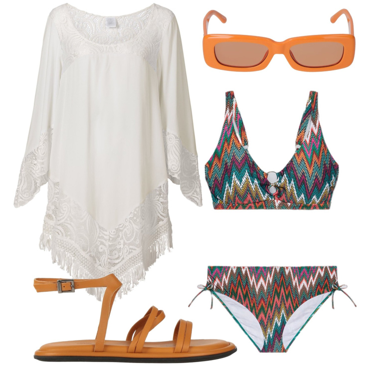 Outfit donna - Total look #1917841. Stile Etnico per Mare. Abbinamento con vestiti da spiaggia, sandali in pelle, bikini, occhiali da sole.