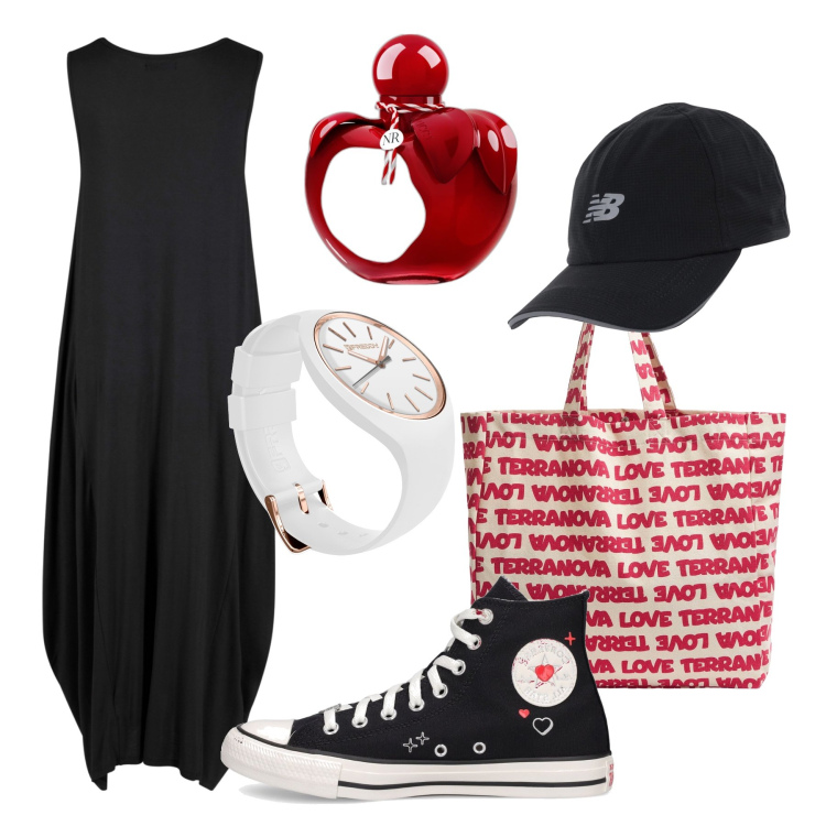 Outfit donna - Sempre trendy con le Converse. Stile Urban per Tutti i giorni. Abbinamento con vestiti lunghi, profumi, borse tote, cappelli, orologi, sneakers.