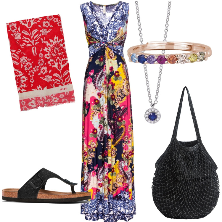 Outfit donna - Total look #1917854. Stile Casual per Tutti i giorni. Abbinamento con infradito, vestiti lunghi, borse a tracolla, collane, anelli, sciarpe.