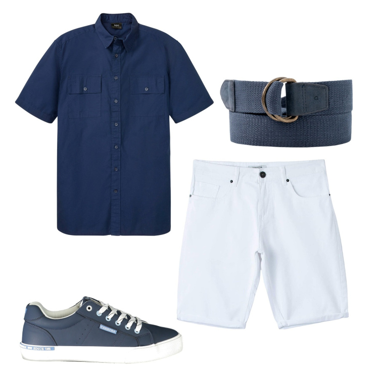 Outfit uomo - Total look. Stile Casual per Tutti i giorni. Abbinamento con camicie a manica corta, pantaloni, cinture, sneakers.