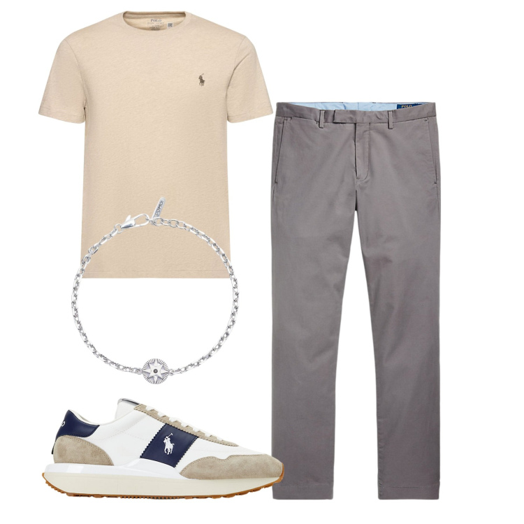 Outfit uomo - Polvere. Stile Casual per Tutti i giorni. Abbinamento con braccialetti, sneakers, pantaloni chino, t-shirt.