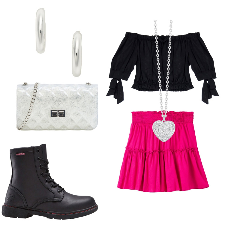Outfit donna - Serata. Stile Casual per Tutti i giorni. look ideale per Petite. Abbinamento con stivaletti, borse a tracolla, gonne, collane, bluse, orecchini.