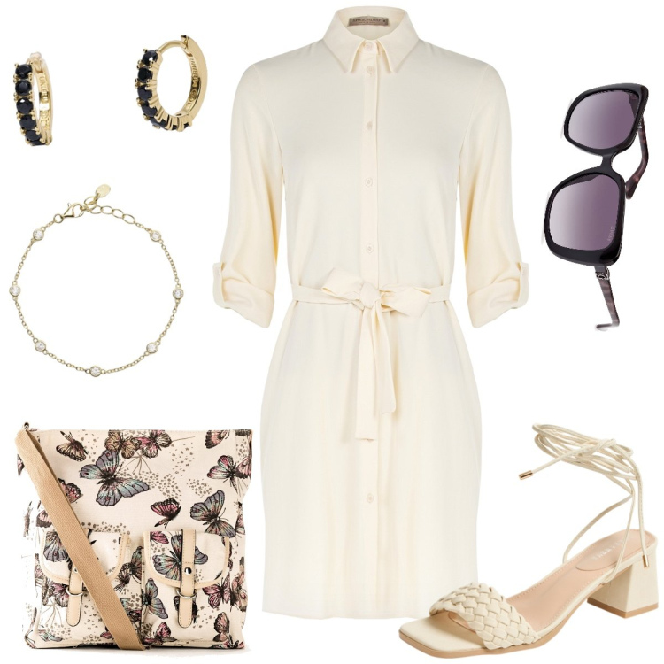 Outfit donna - Butterflies. Stile Chic per Tutti i giorni. Abbinamento con borse a tracolla, orecchini, braccialetti, sandali alla schiava, vestiti chemisier, occhiali da sole.