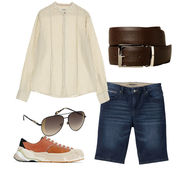Outfit uomo - Coreana a righe. Stile Trendy per Tutti i giorni. Abbinamento con bermuda, camicie, sneakers, cinture, occhiali da sole.