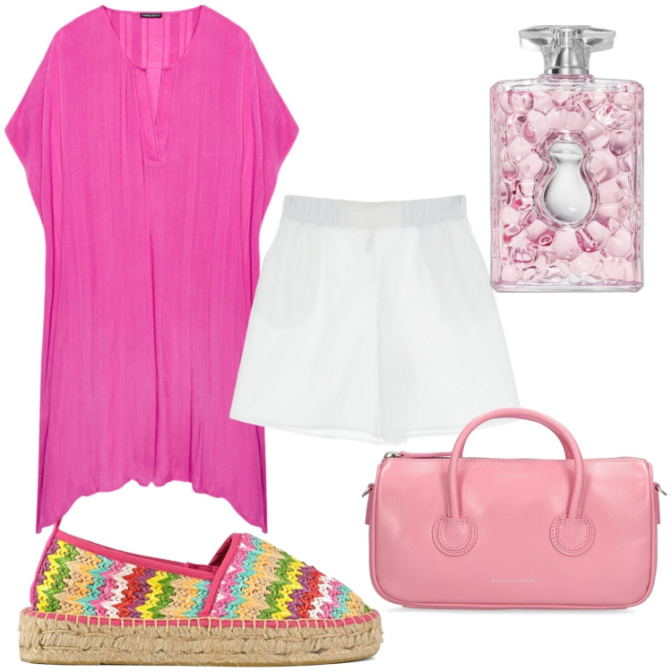 Outfit donna - Estate in rosa. Stile Bon Ton per Tutti i giorni. look ideale per Petite. Abbinamento con profumi, shorts, espadrillas, caftani, borse a mano.