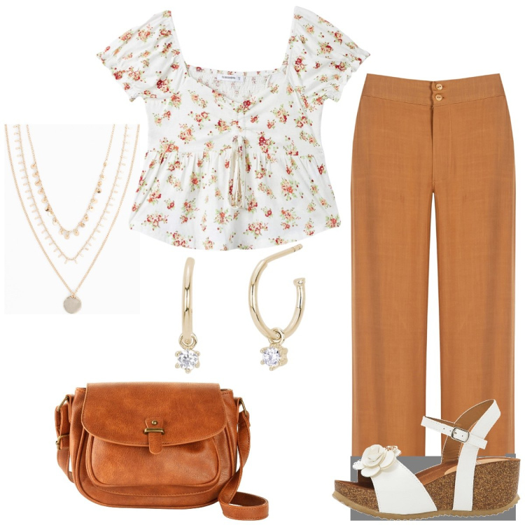 Outfit donna - Passeggiata. Stile Casual chic per Tutti i giorni. Abbinamento con collane, borse a tracolla, sandali, bluse, orecchini, pantaloni a palazzo.