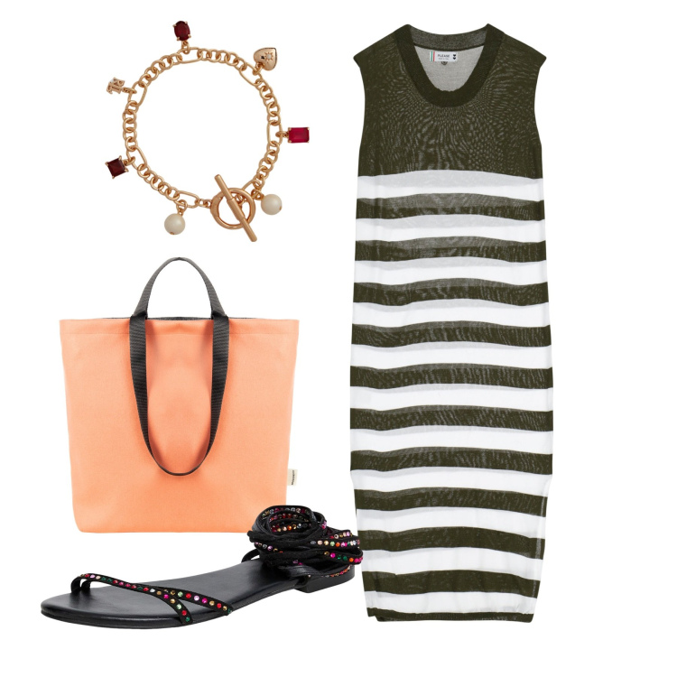 Outfit donna - A righe. Stile Basic per Tutti i giorni. Abbinamento con sandali alla schiava, borse tote, vestiti lunghi, braccialetti.