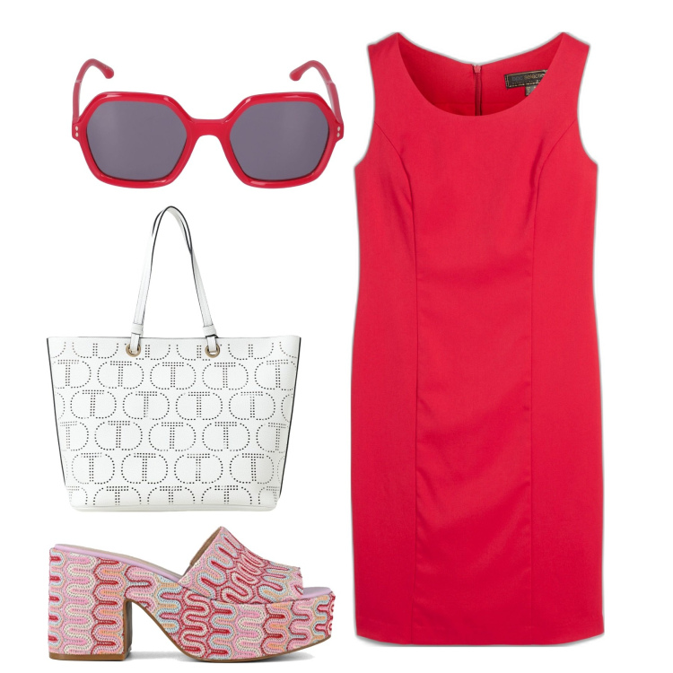 Outfit donna - Tubino rosso anguria. Stile Chic per Tutti i giorni. Abbinamento con vestiti a tubino, sabot, borse tote, occhiali da sole.