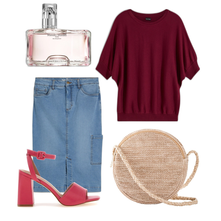 Outfit donna - Summer sales. Stile Bon Ton per Tutti i giorni. Abbinamento con maglieria, gonne, borse a tracolla, profumi, sandali col tacco.