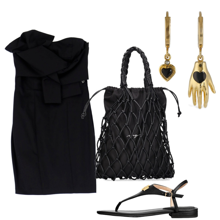 Outfit donna - Black Summer sales. Stile Chic per Serata fuori. Abbinamento con vestiti corti, sandali in pelle, shopping bag, orecchini.