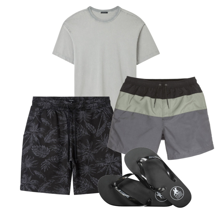 Outfit uomo - Tonalità grigio. Stile Casual per Mare. Abbinamento con costumi, bermuda, t-shirt, sandali.
