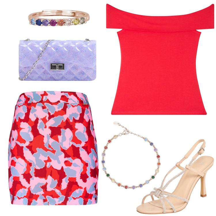 Outfit donna - Seducente e fresca in rosso. Stile Chic per Serata fuori. Abbinamento con borse a tracolla, top, sandali col tacco, anelli, braccialetti, gonne.
