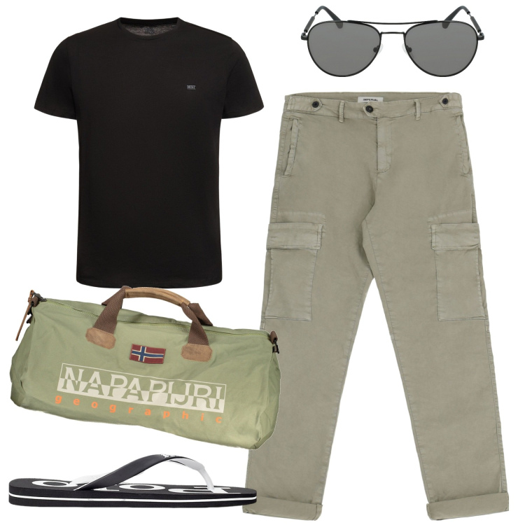 Outfit uomo - Cargo e t-shirt nera. Stile Casual per Mare. Abbinamento con pantaloni cargo, sandali, t-shirt, borse sportive, occhiali da sole.
