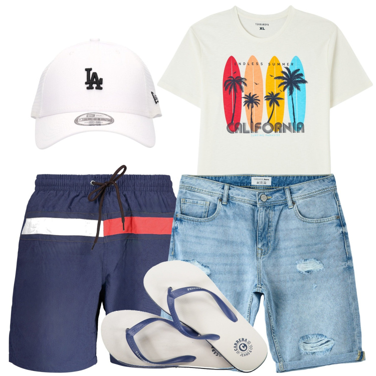Outfit uomo - In vacanza Easy. Stile Casual per Mare. Abbinamento con t-shirt, shorts, cappelli, sandali, costumi.