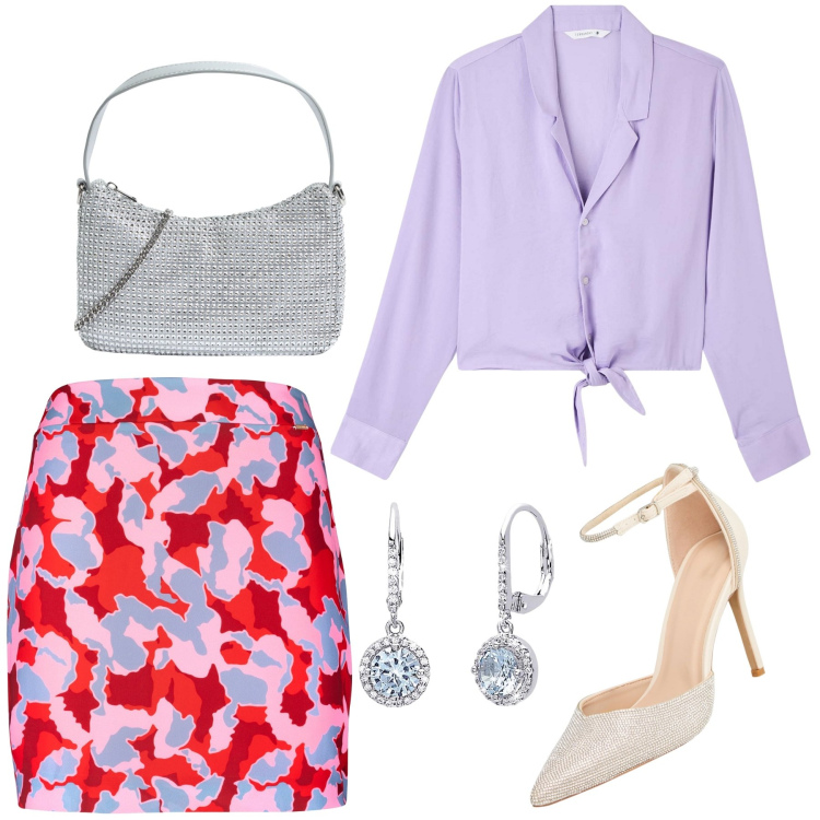 Outfit donna - Elegante e seducente. Stile Chic per Serata fuori. Abbinamento con camicie, borse a tracolla, décolleté, orecchini, gonne.