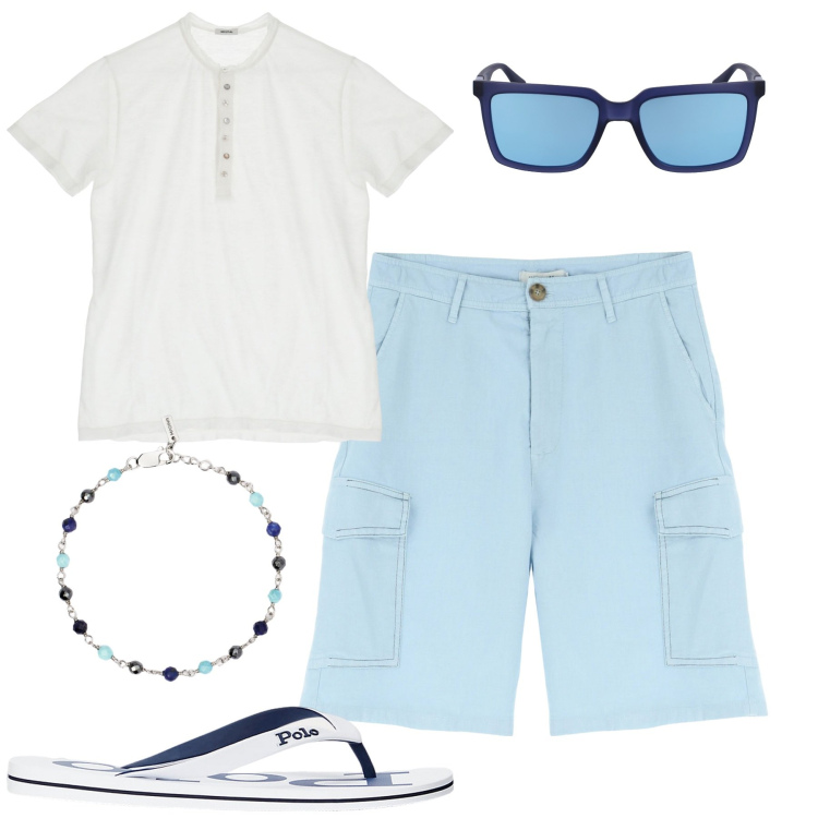 Outfit uomo - Total look #1917954. Stile Casual per Mare. Abbinamento con braccialetti, t-shirt, bermuda, sandali, occhiali da sole.