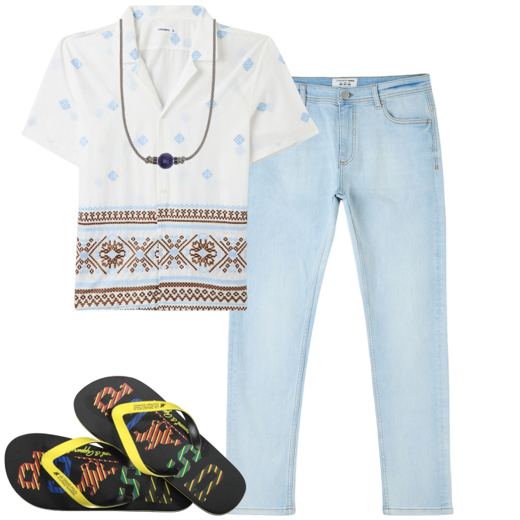Outfit uomo - La camicia bowling. Stile Casual per Mare. Abbinamento con jeans skinny, camicie a manica corta, collane, sandali.