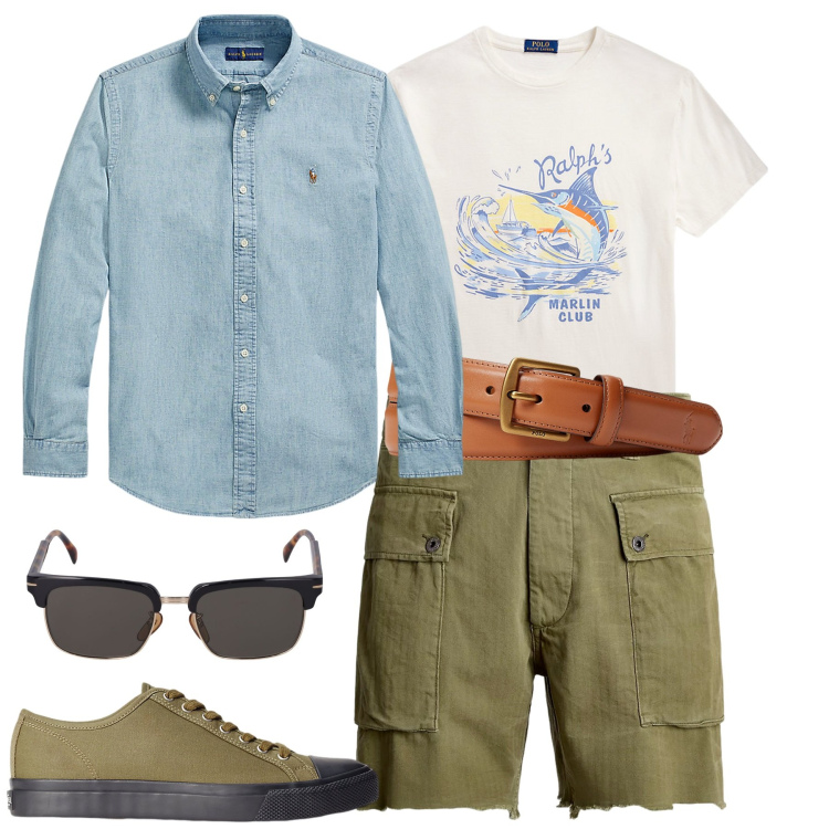 Outfit uomo - In vacanza. Stile Casual per Tutti i giorni. Abbinamento con sneakers, cinture, camicie, t-shirt, shorts, occhiali da sole.