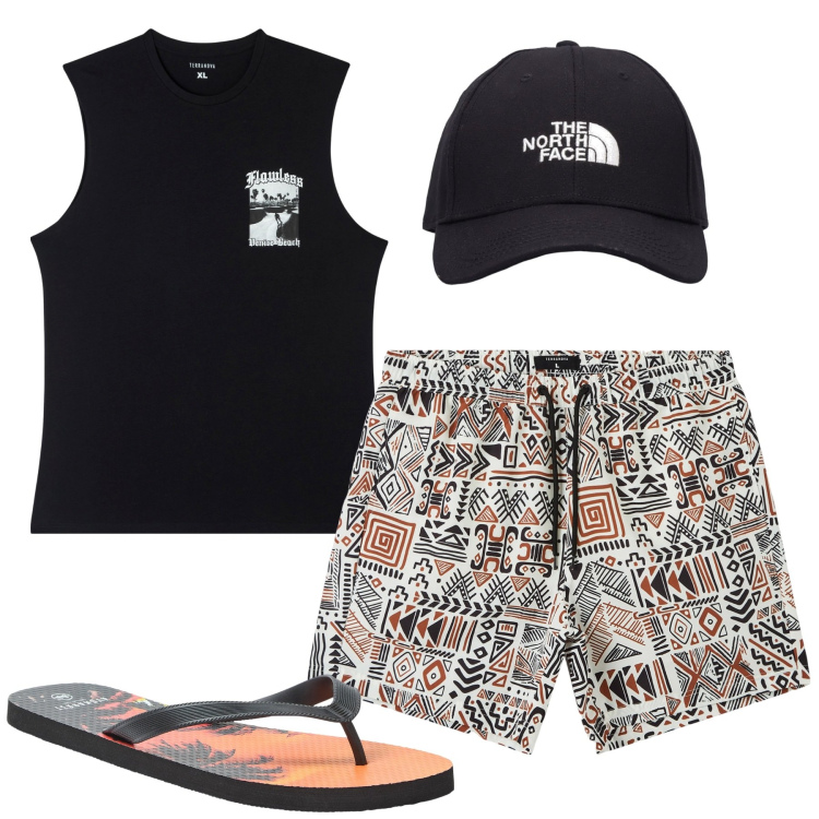 Outfit uomo - Mare. Stile Casual per Mare. Abbinamento con sandali, bermuda, canottiere, cappelli.
