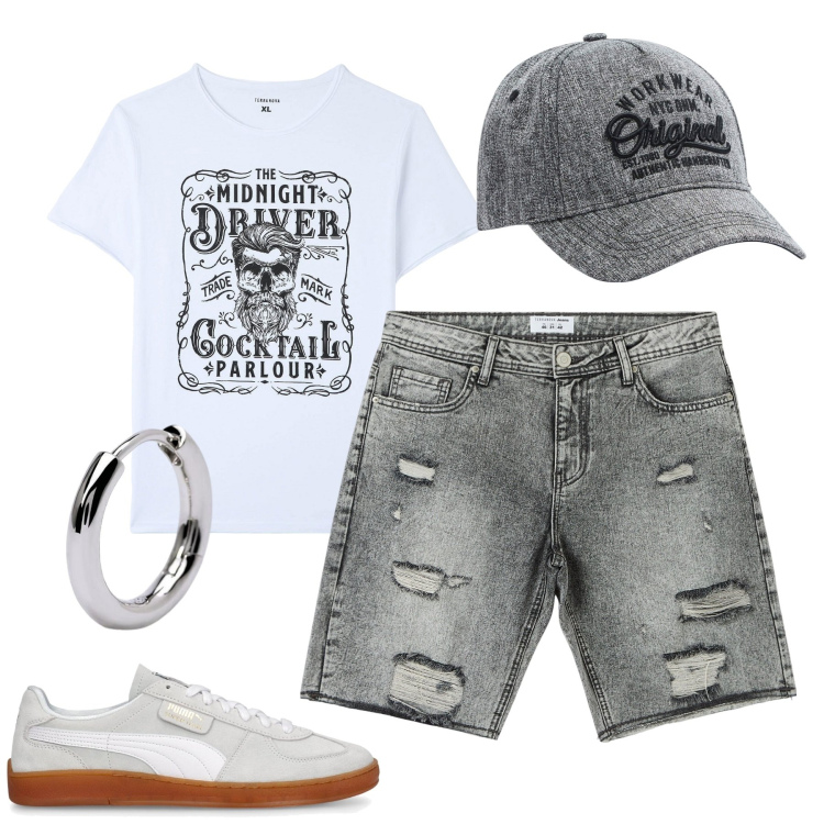 Outfit uomo - Con gli amici. Stile Casual per Tutti i giorni. Abbinamento con shorts, t-shirt, cappelli, orecchini, sneakers.