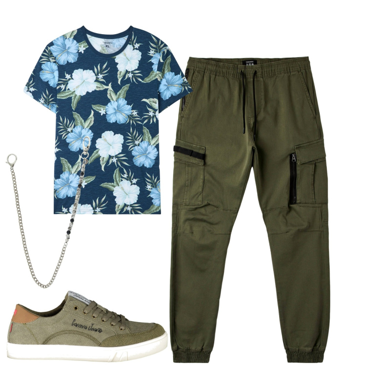 Outfit uomo - Total look #1917980. Stile Casual per Tutti i giorni. Abbinamento con t-shirt, pantaloni cargo, collane, sneakers.