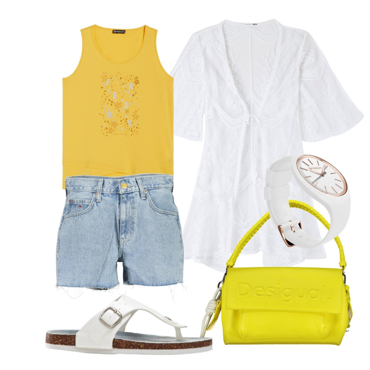 Outfit donna - Ghost outfitter - luglio. Stile Casual per Tutti i giorni. Abbinamento con infradito, caftani, canottiere, orologi, borse a spalla, jeans.