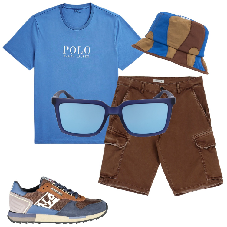 Outfit uomo - Il cappello. Stile Casual per Tutti i giorni. Abbinamento con bermuda, t-shirt, scarpe sportive, cappelli, occhiali da sole.