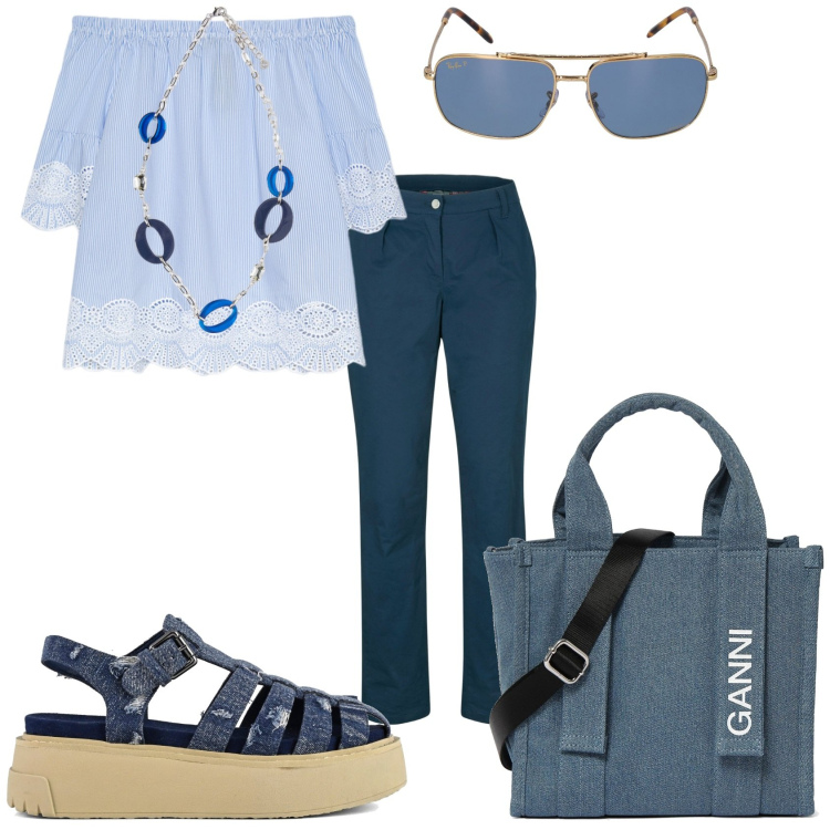 Outfit donna - Una giornata in giro. Stile Casual chic per Tutti i giorni. Abbinamento con pantaloni, bluse, ciondoli, sandali, shopping bag, occhiali da sole.