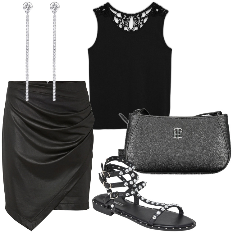 Outfit donna - In disco. Stile Sexy per Serata fuori. Abbinamento con top, gonne, sandali, orecchini, borse a tracolla.