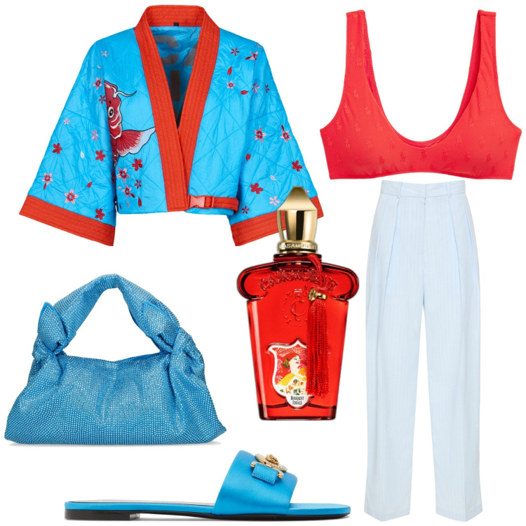 Outfit donna - Il Kimono. Stile Etnico per Tutti i giorni. Abbinamento con profumi, top, kimono, borse a mano, pantaloni, sandali in pelle.