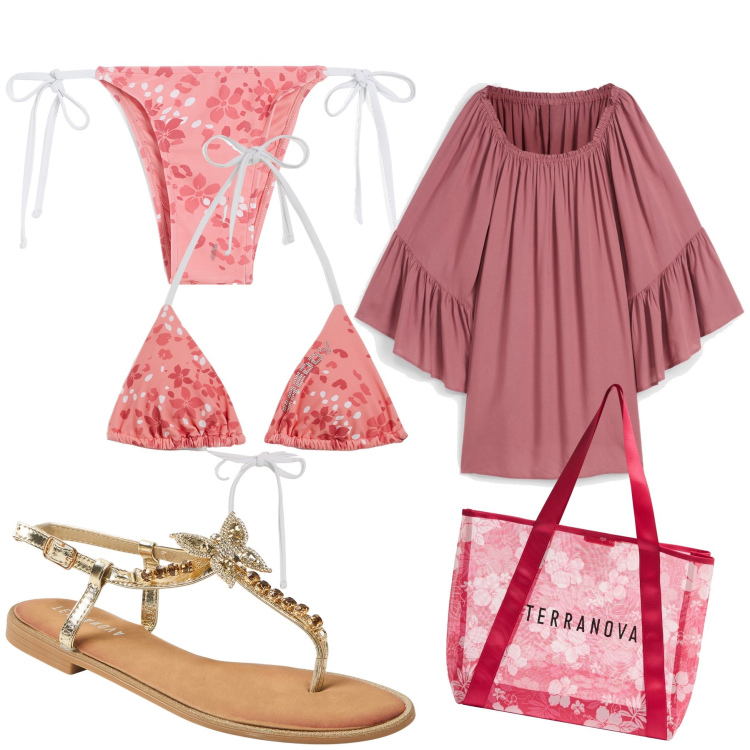 Outfit donna - Total look #1918027. Stile Romantica per Mare. Abbinamento con vestiti da spiaggia, shopping bag, sandali gioiello, bikini, bikini.