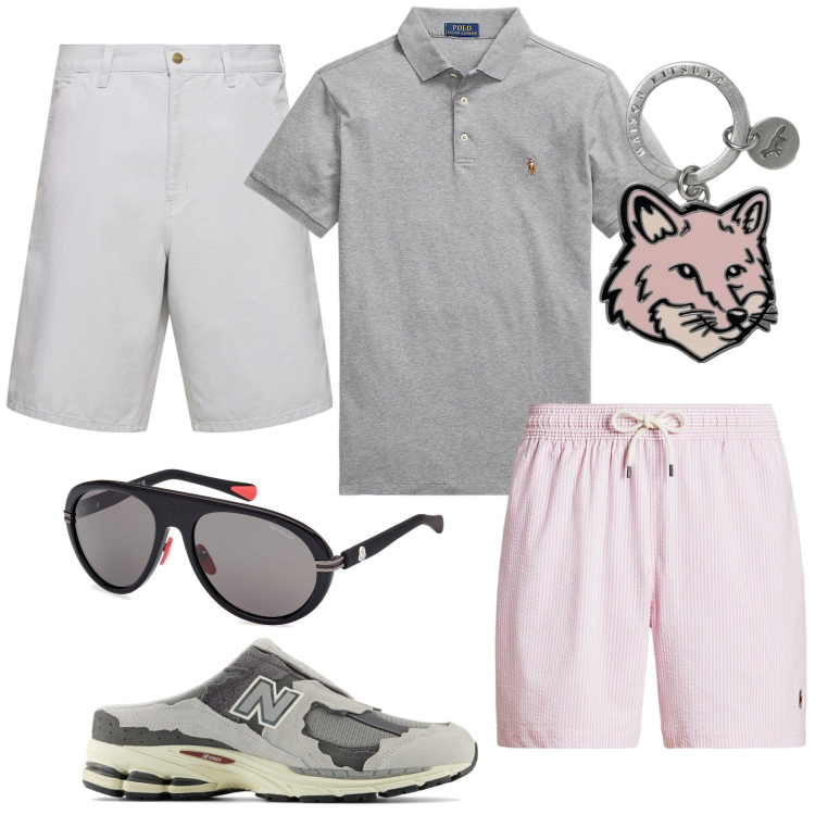 Outfit uomo - Andiamo?. Stile Casual per Mare. Abbinamento con sneakers, polo, costumi, occhiali da sole, portachiavi, shorts.