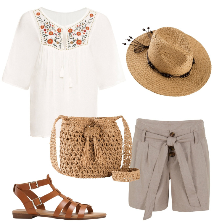 Outfit donna - Bohème. Stile Boho per Tutti i giorni. Abbinamento con tuniche, shorts, borse a tracolla, sandali, cappelli.