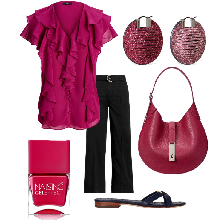 Outfit donna - Total look #1918043. Stile Casual chic per Tutti i giorni. Abbinamento con smalti, camicie a manica corta, ciabatte, pantaloni, borse a spalla, orecchini.