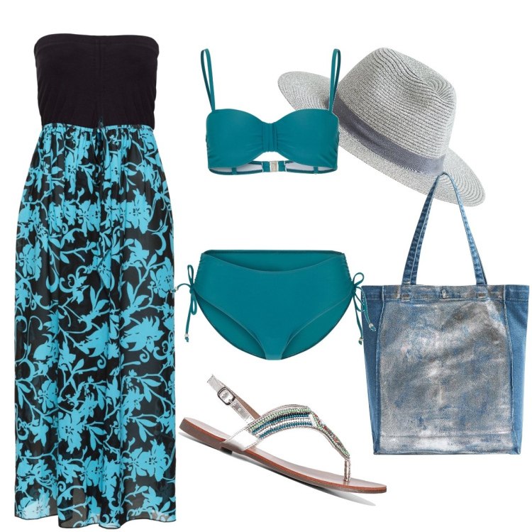 Outfit donna - Il costume blu petrolio. Stile Bon Ton per Mare. Abbinamento con bikini, ciabatte, vestiti da spiaggia, cappelli, shopping bag.